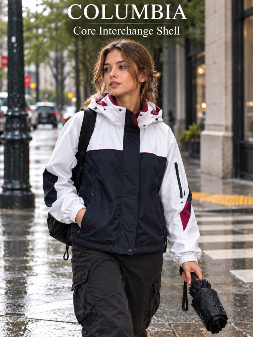 Columbia Core Interchange Jacket L White Navy Waterproof Hooded Gorpcore